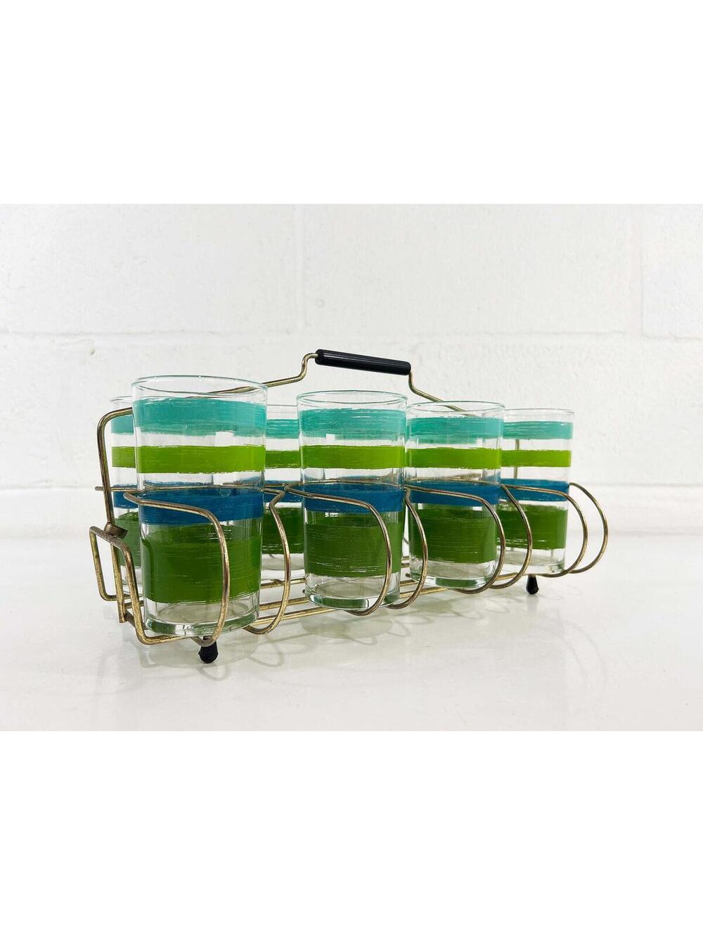 Vintage Striped Glassware Carrier Entertaining Set of 8 Cocktail Glasses 1950s
